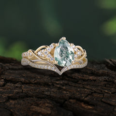Romantic 5-Prong Pear Cut Natural Moss Agate Stacking Ring
