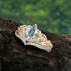 Romantic 5-Prong Pear Cut Natural Moss Agate Stacking Ring