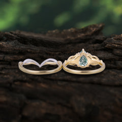 Romantic 5-Prong Pear Cut Natural Moss Agate Stacking Ring