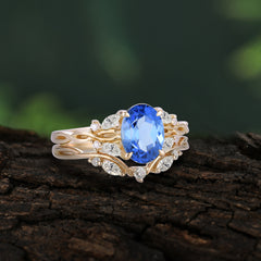 Romantic Nature-inspired 4-Prong Oval Cut Sapphire Stacking Ring