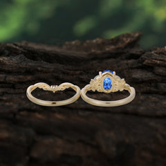 Romantic Nature-inspired 4-Prong Oval Cut Sapphire Stacking Ring