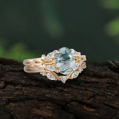 Romantic Nature-inspired 4-Prong Oval Cut Natural Moss Agate Stacking Ring