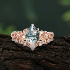 Art Nouveau 5-Prong Pear Cut Natural Moss Agate Ring