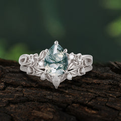 Art Nouveau 5-Prong Pear Cut Natural Moss Agate Ring
