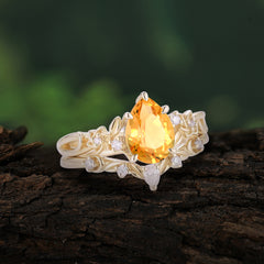 Art Nouveau 4-Prong Pear Cut Citrine Ring