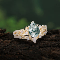 Art Nouveau 5-Prong Pear Cut Natural Moss Agate Ring