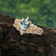 Art Nouveau 5-Prong Pear Cut Natural Moss Agate Ring