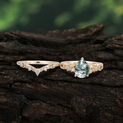 Art Nouveau 5-Prong Pear Cut Natural Moss Agate Ring