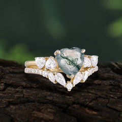 Bohemian Heart 3-Prong Heart Cut Natural Moss Agate Stacking Ring