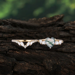 Bohemian Heart 3-Prong Heart Cut Natural Moss Agate Stacking Ring