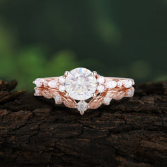 Vintage Botanical 4-Prong Round Cut Moissanite Ring