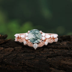 Vintage Botanical 4-Prong Round Cut Natural Moss Agate Ring