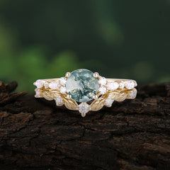 Vintage Botanical 4-Prong Round Cut Natural Moss Agate Ring