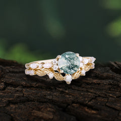 Vintage Botanical 4-Prong Round Cut Natural Moss Agate Ring