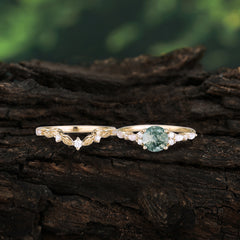 Vintage Botanical 4-Prong Round Cut Natural Moss Agate Ring