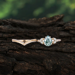 Luxurious Vintage-Inspired 4-Prong Tear-Cut Natural Moss Agate Engagement Ring Set