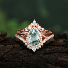 Elegant Pear-Cut 3 Prong Natural Moss Agate Sapphire Engagement Ring Set