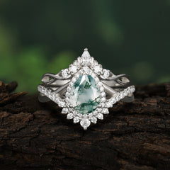 Elegant Pear-Cut 3 Prong Natural Moss Agate Sapphire Engagement Ring Set