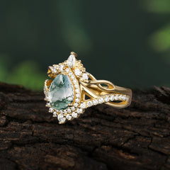Elegant Pear-Cut 3 Prong Natural Moss Agate Sapphire Engagement Ring Set