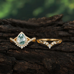 Elegant Pear-Cut 3 Prong Natural Moss Agate Sapphire Engagement Ring Set