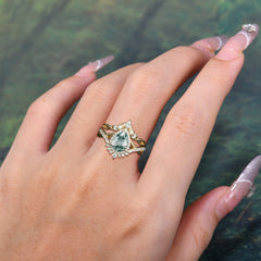Elegant Pear-Cut 3 Prong Natural Moss Agate Sapphire Engagement Ring Set