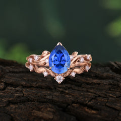 Nature - Inspired 3  Prong Pear Cut Sapphire Romantic Wedding Ring Sets