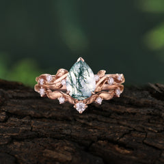 Nature - Inspired 3  Prong Pear Cut Natural Moss Agate Romantic Wedding Ring Sets