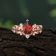 Nature - Inspired 3  Prong Pear Cut Garnet Romantic Wedding Ring Sets