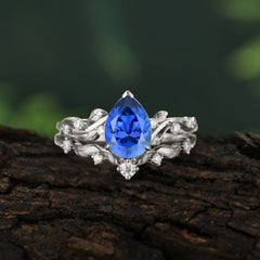 Nature - Inspired 3  Prong Pear Cut Sapphire Romantic Wedding Ring Sets