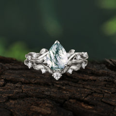 Nature - Inspired 3  Prong Pear Cut Natural Moss Agate Romantic Wedding Ring Sets