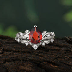 Nature - Inspired 3  Prong Pear Cut Garnet Romantic Wedding Ring Sets