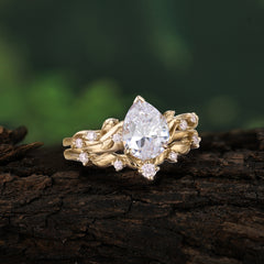 Nature - Inspired 3  Prong Pear Cut Moissanite Romantic Wedding Ring Sets