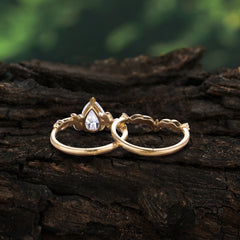 Nature - Inspired 3  Prong Pear Cut Moissanite Romantic Wedding Ring Sets