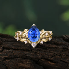 Nature - Inspired 3  Prong Pear Cut Sapphire Romantic Wedding Ring Sets