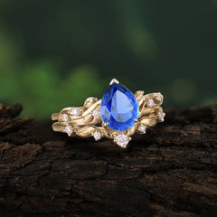 Nature - Inspired 3  Prong Pear Cut Sapphire Romantic Wedding Ring Sets