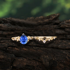Nature - Inspired 3  Prong Pear Cut Sapphire Romantic Wedding Ring Sets