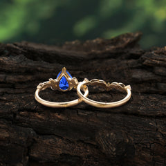 Nature - Inspired 3  Prong Pear Cut Sapphire Romantic Wedding Ring Sets