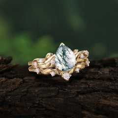Nature - Inspired 3  Prong Pear Cut Natural Moss Agate Romantic Wedding Ring Sets