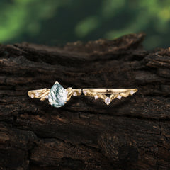 Nature - Inspired 3  Prong Pear Cut Natural Moss Agate Romantic Wedding Ring Sets