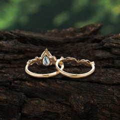 Nature - Inspired 3  Prong Pear Cut Natural Moss Agate Romantic Wedding Ring Sets