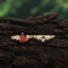 Nature - Inspired 3  Prong Pear Cut Garnet Romantic Wedding Ring Sets