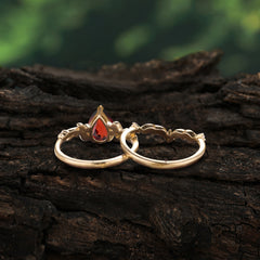 Nature - Inspired 3  Prong Pear Cut Garnet Romantic Wedding Ring Sets