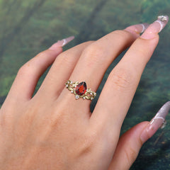 Nature - Inspired 3  Prong Pear Cut Garnet Romantic Wedding Ring Sets