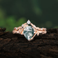 3 Prong Delicate Twisted Vine Wrapped Prong Pear Cut Natural Moss Agate Stackable Rings