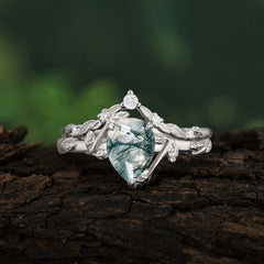 3 Prong Delicate Twisted Vine Wrapped Prong Pear Cut Natural Moss Agate Stackable Rings