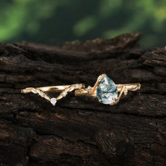 3 Prong Delicate Twisted Vine Wrapped Prong Pear Cut Natural Moss Agate Stackable Rings