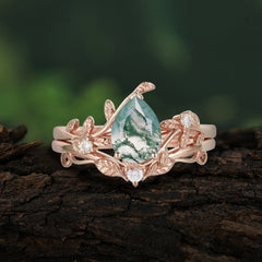 Elegant 3 - Prong Pear - Cut Natural Moss Agate Stackable Ring Ensemble