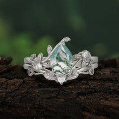 Elegant 3 - Prong Pear - Cut Natural Moss Agate Stackable Ring Ensemble