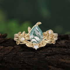 Elegant 3 - Prong Pear - Cut Natural Moss Agate Stackable Ring Ensemble