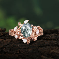 1.15 CT Delicate Leaf Accented 4 Prong Oval Shaped Natural Moss Agate Ring Sets